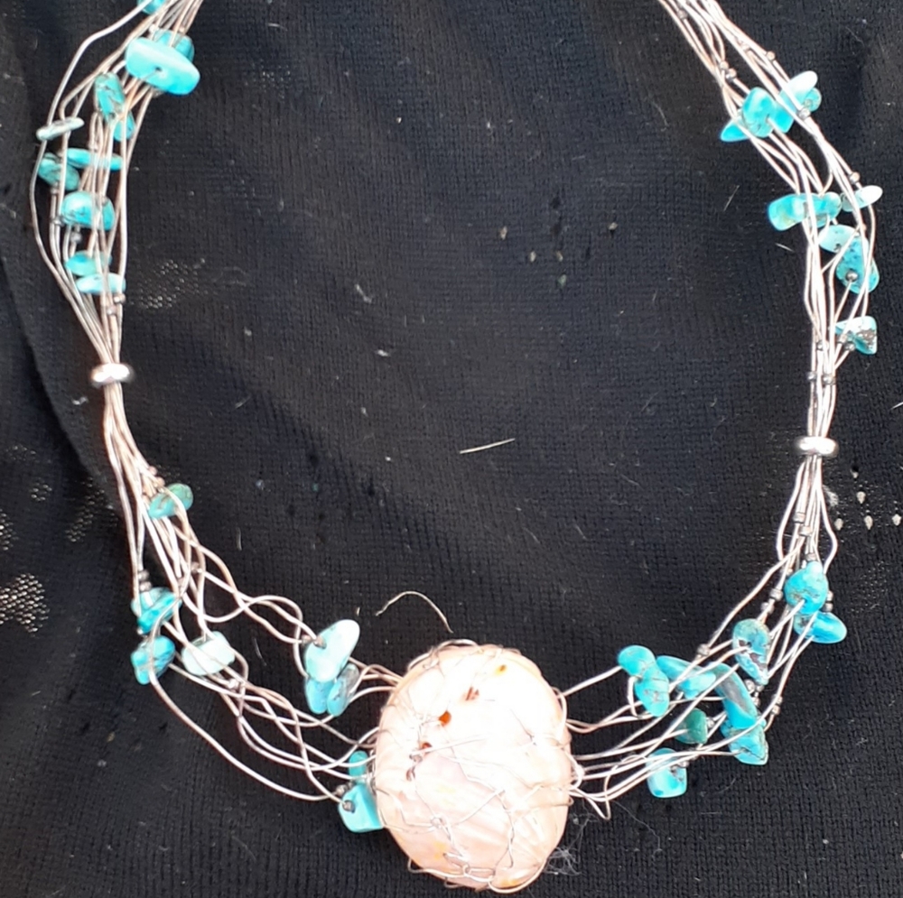 Necklace Of Turquoise, Silver Wire And Shell